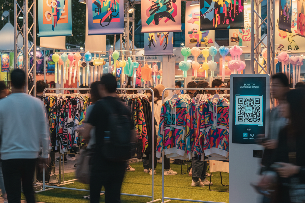 K-Pop merch booth with hoodies, posters, and glowing digital kiosk under ambient lighting, showcasing innovative retail strategies