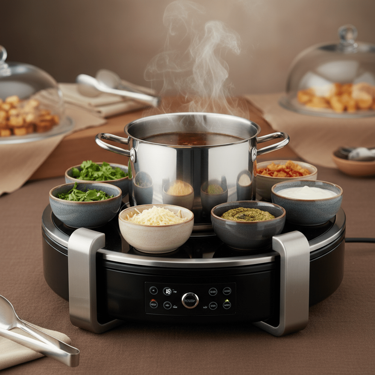 Elegant modular soup warmer system with steaming pot and ceramic vessels in a buffet.