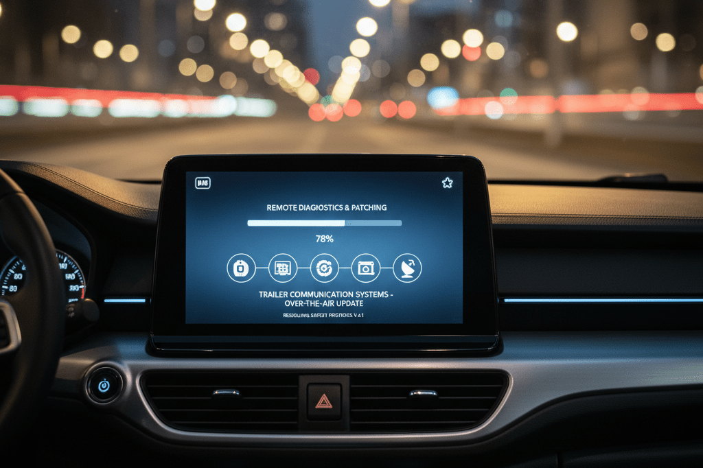 Car dashboard screen displaying over-the-air update progress under ambient city lights, symbolizing digital recall solutions