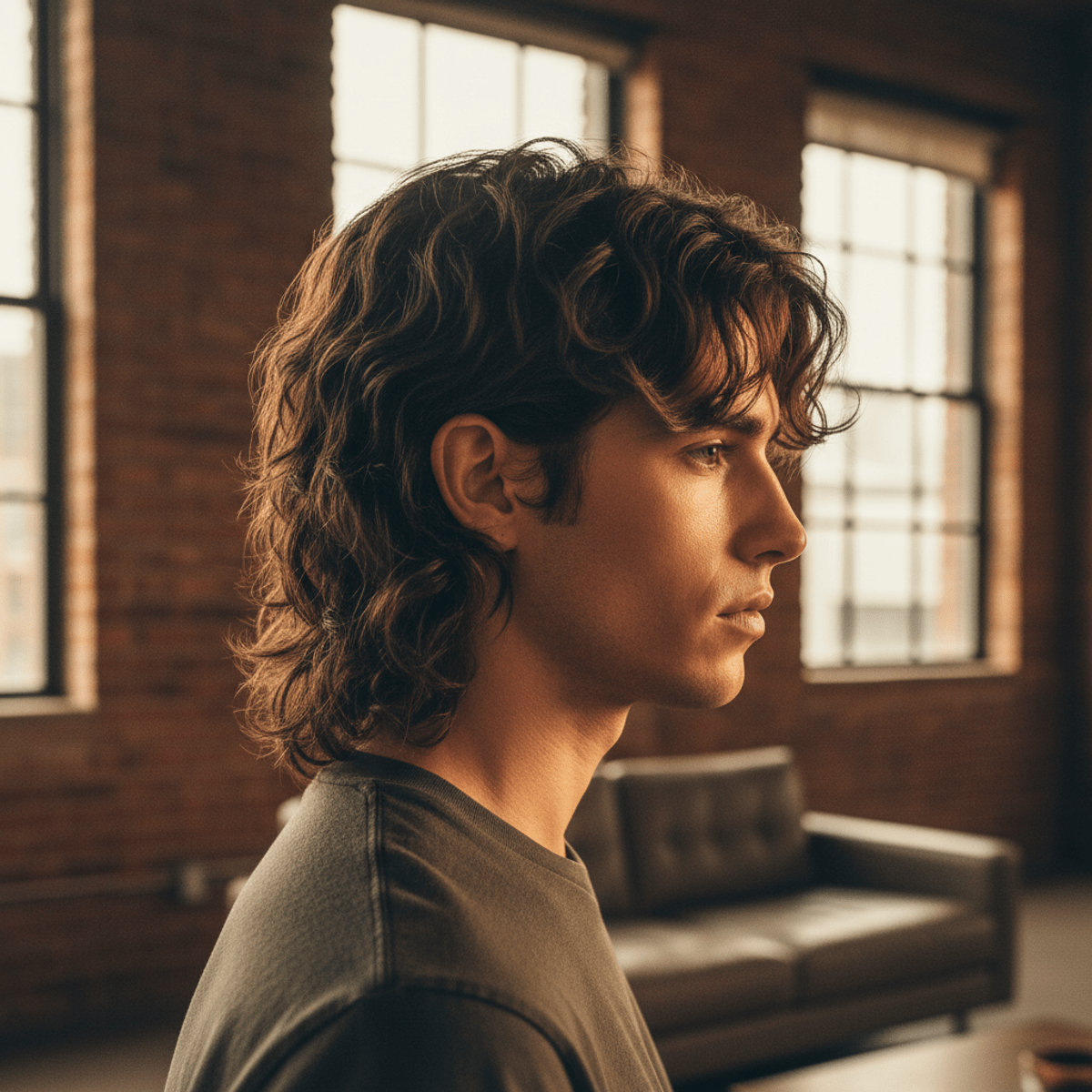 Evolved shullet hairstyle on man with textured layers Modern man with evolved shullet hairstyle featuring textured layers and wispy back.