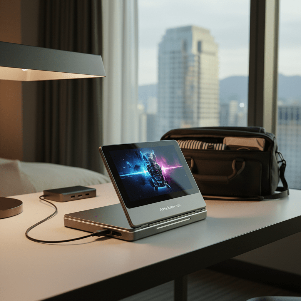 Ultra-slim futuristic portable DVD player on a hotel desk with a carry-on bag.