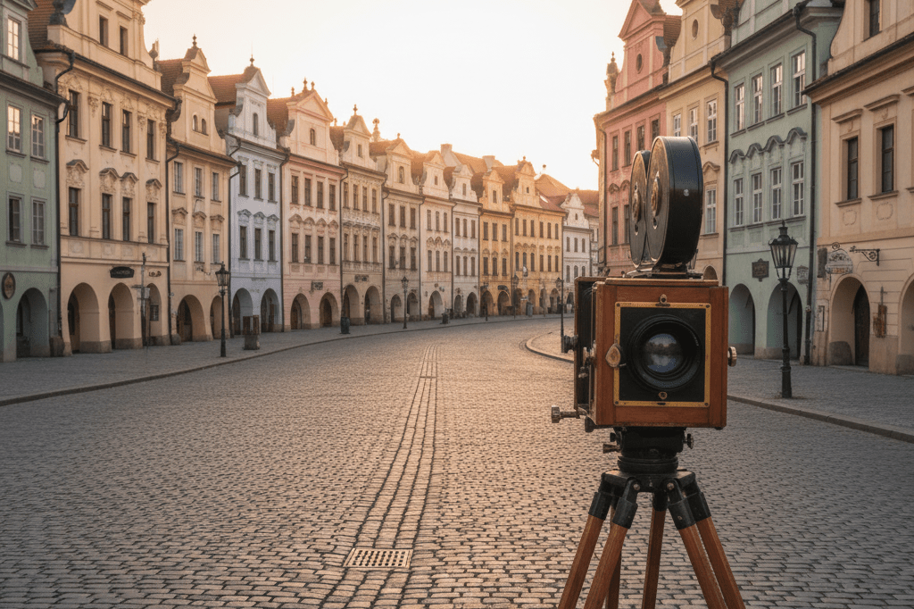 Historic Czech town square ideal for cinematic location shooting Picturesque baroque buildings and cobblestone streets lit by golden hour sun, highlighting global filmmaking appeal