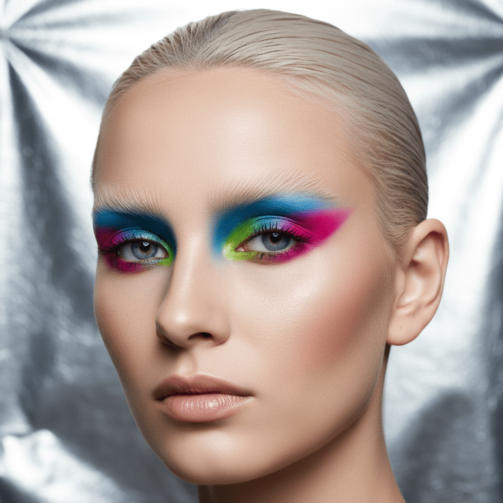 Avant-garde makeup with bleached blonde geometric brows and vibrant eye contrast.