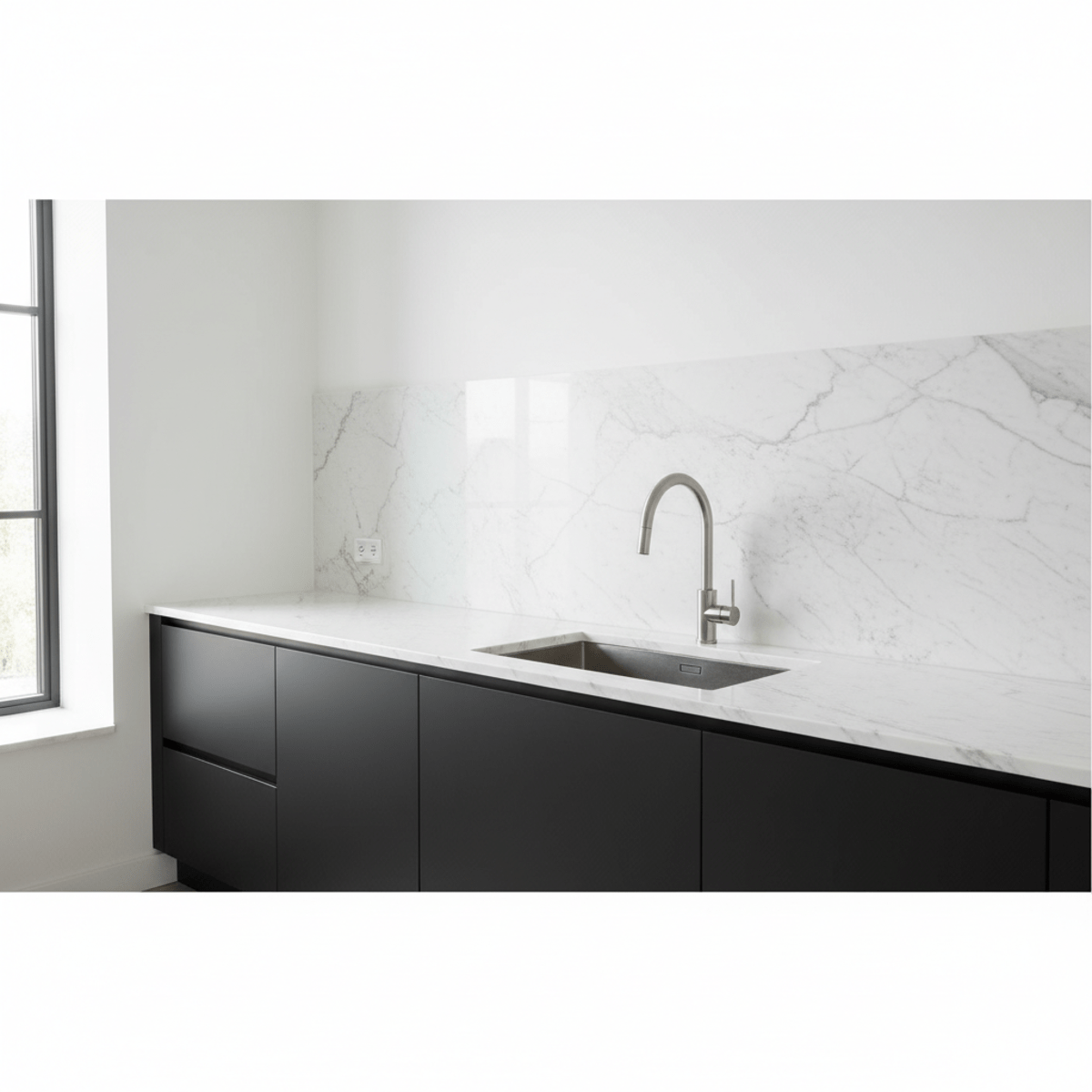 Seamless white marble backsplash with grey veining contrasts with matte black cabinets.