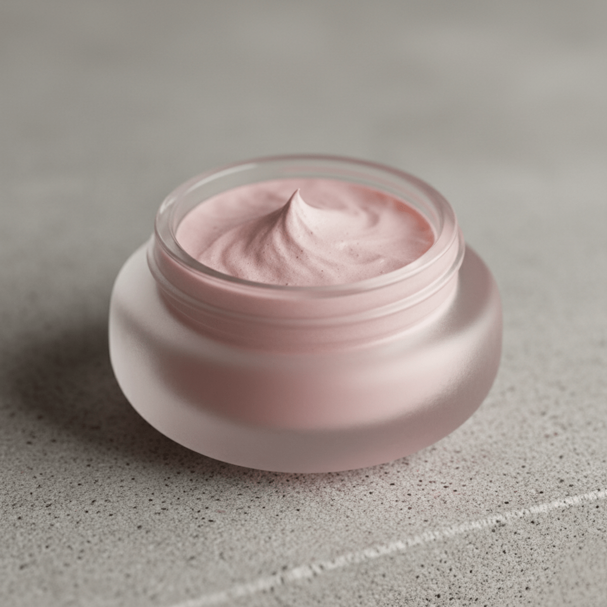 Luxurious pink lip balm in a smooth stone-textured glass pot with whipped mousse texture.