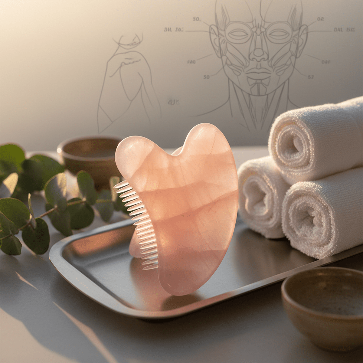 Futuristic rose quartz gua sha tool with intricate textures on a spa tray.