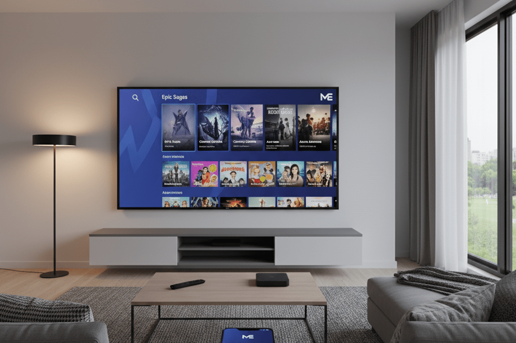 Wide shot of a cozy living room with smart TV and devices reflecting versatile streaming access points