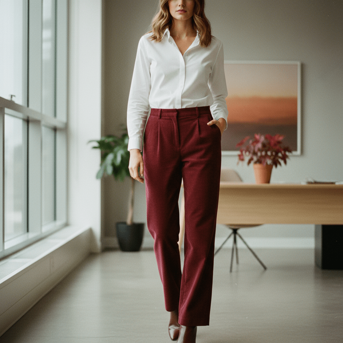 Professional woman in burgundy pinwale corduroy pants in a modern office.