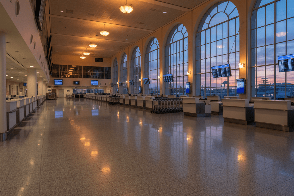 Wide shot of vacant cruise terminal under ambient lighting, showcasing organized space and structured planning amid operational changes