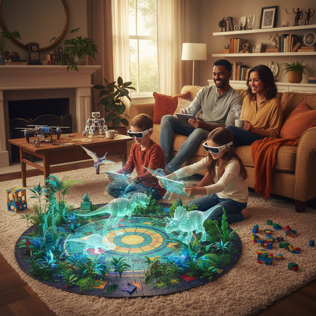 Family enjoys AR dinosaurs on a puzzle mat with holographic creatures and tablets.