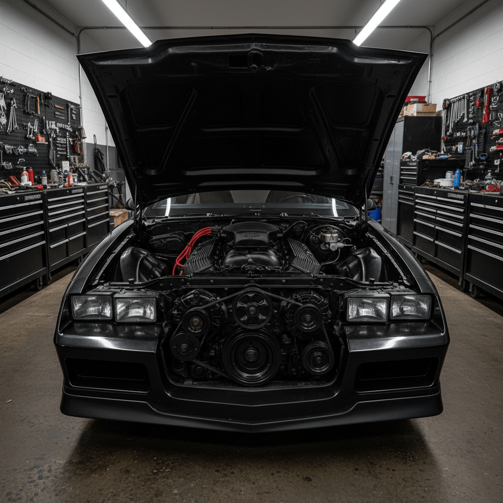 Satin and matte black muscle car engine with bright red spark plug wires.