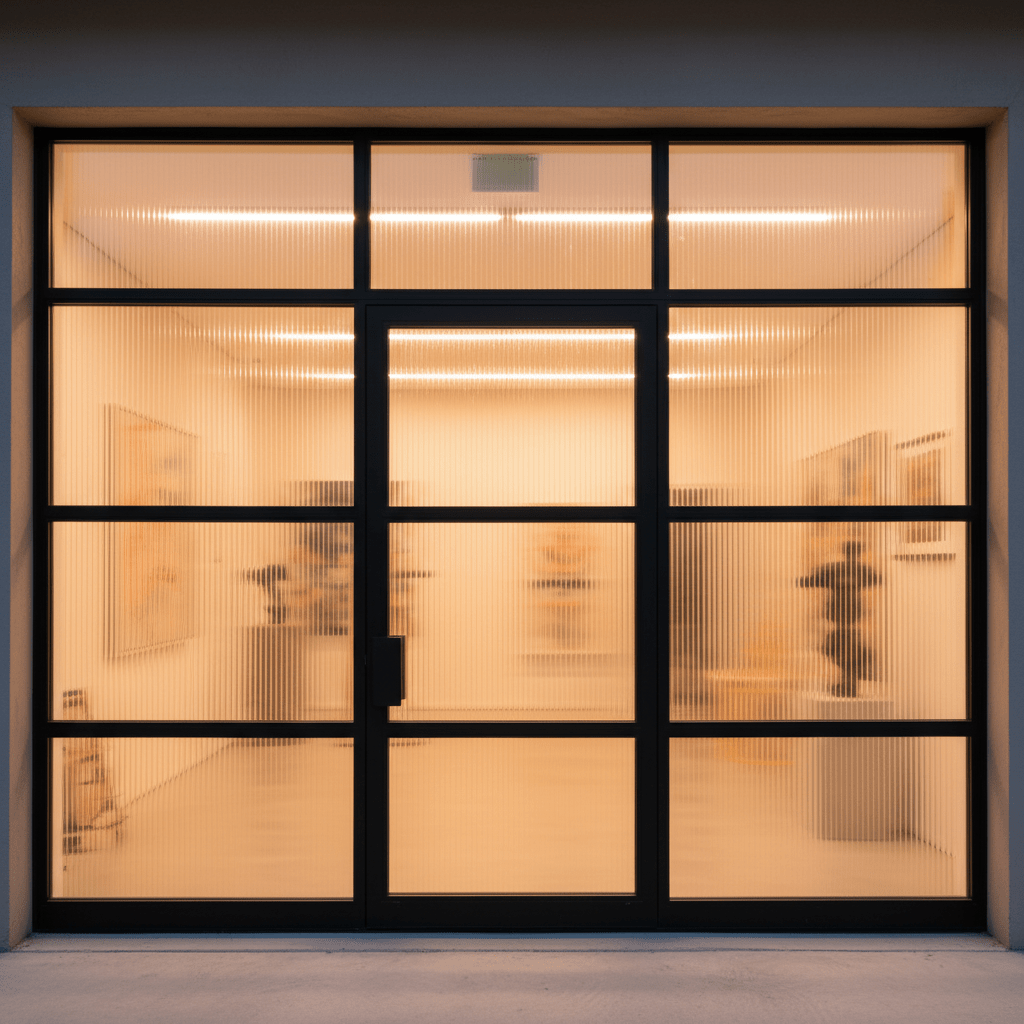 Contemporary garage door with reeded glass and pedestrian door in a bright art studio.