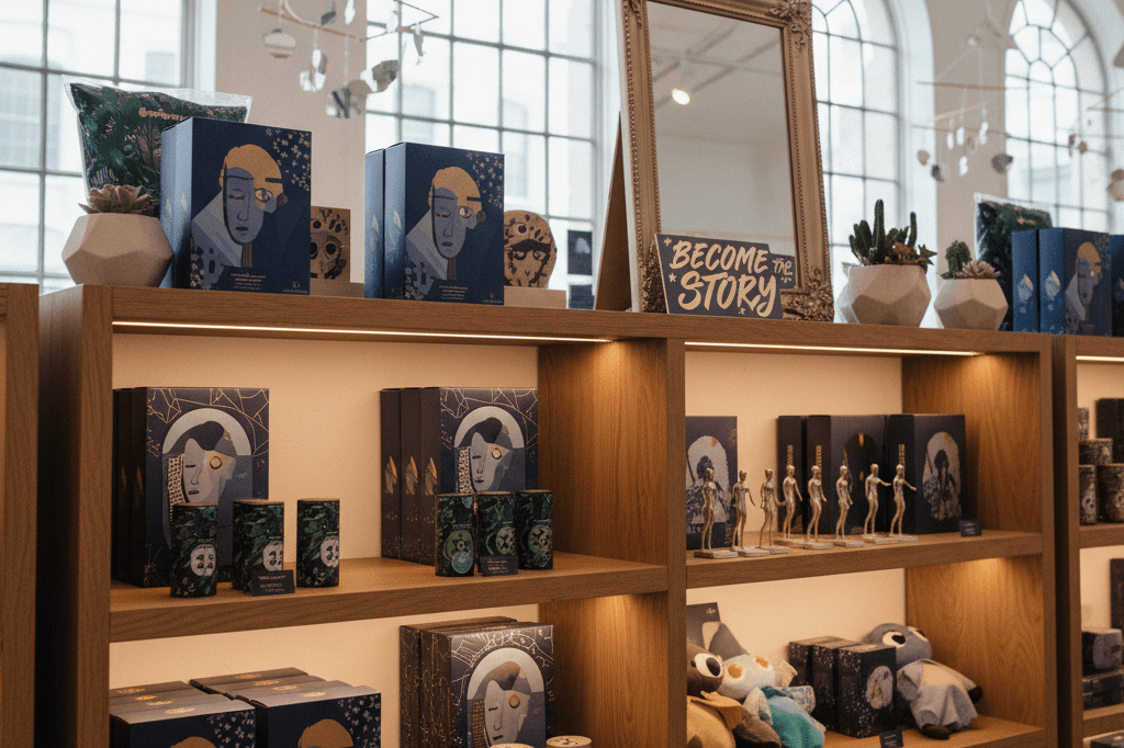 Stylish retail display featuring themed products under natural light, highlighting smart entertainment marketing strategies