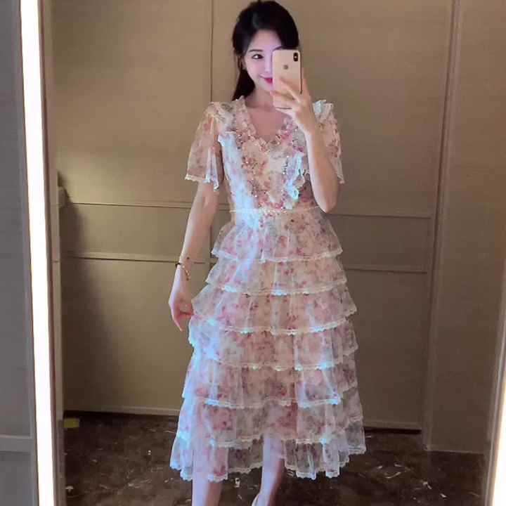 Women's Summer New Heavy Industry Nail Bead Printed Mesh Lace Cake Skirt