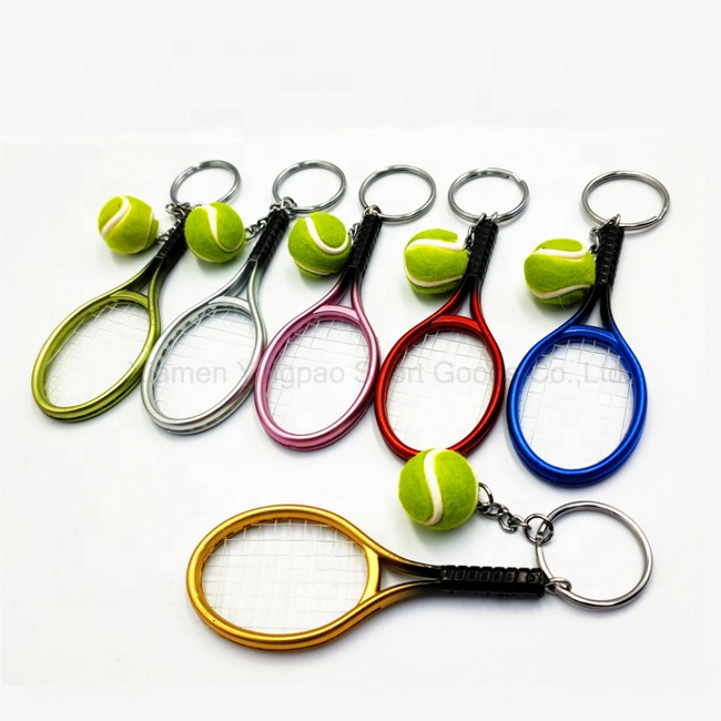 Акция мини теннисный мяч кольцо для ключей серебристого металла теннисной ракетке, брелок для ключей