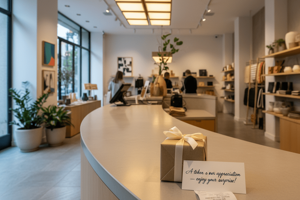 Stylish retail counter with gift box and thank-you note under ambient lighting, illustrating customer experience innovation