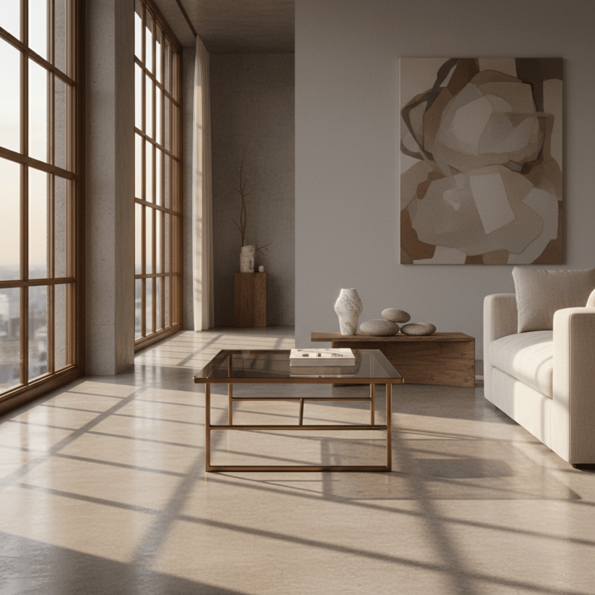Minimalist coffee table with brass frame and glass top in a loft with concrete.