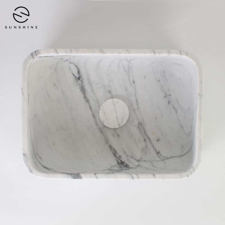 Italian Bianco Carrara White Marble Stone Top Mounted Bathroom Wash Basin