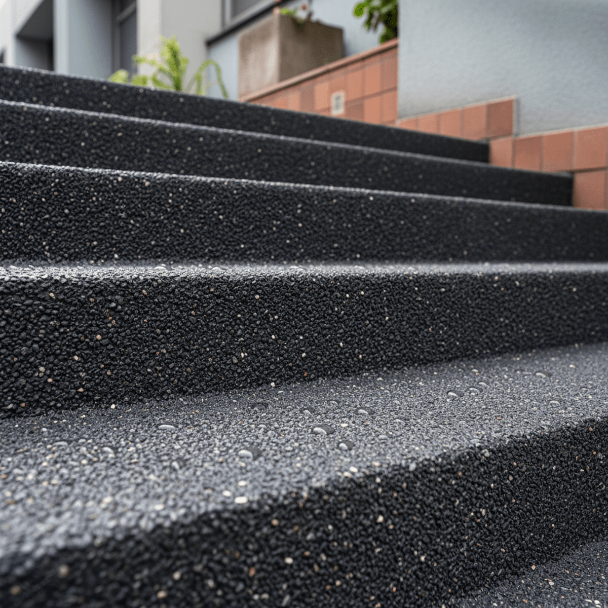 Close-up of outdoor stairway steps with gritty, rubberized coating for slip resistance.
