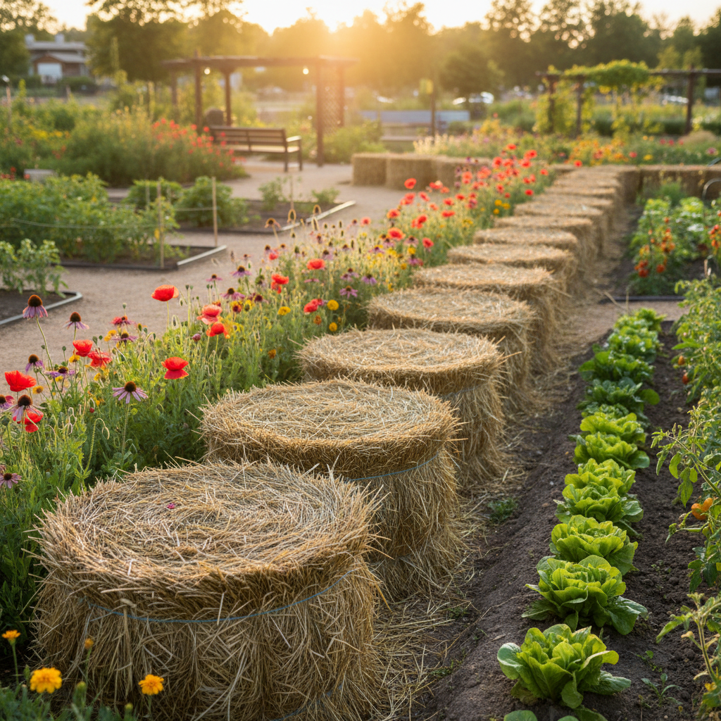 Neat round bales serve as decorative borders in a community garden.
