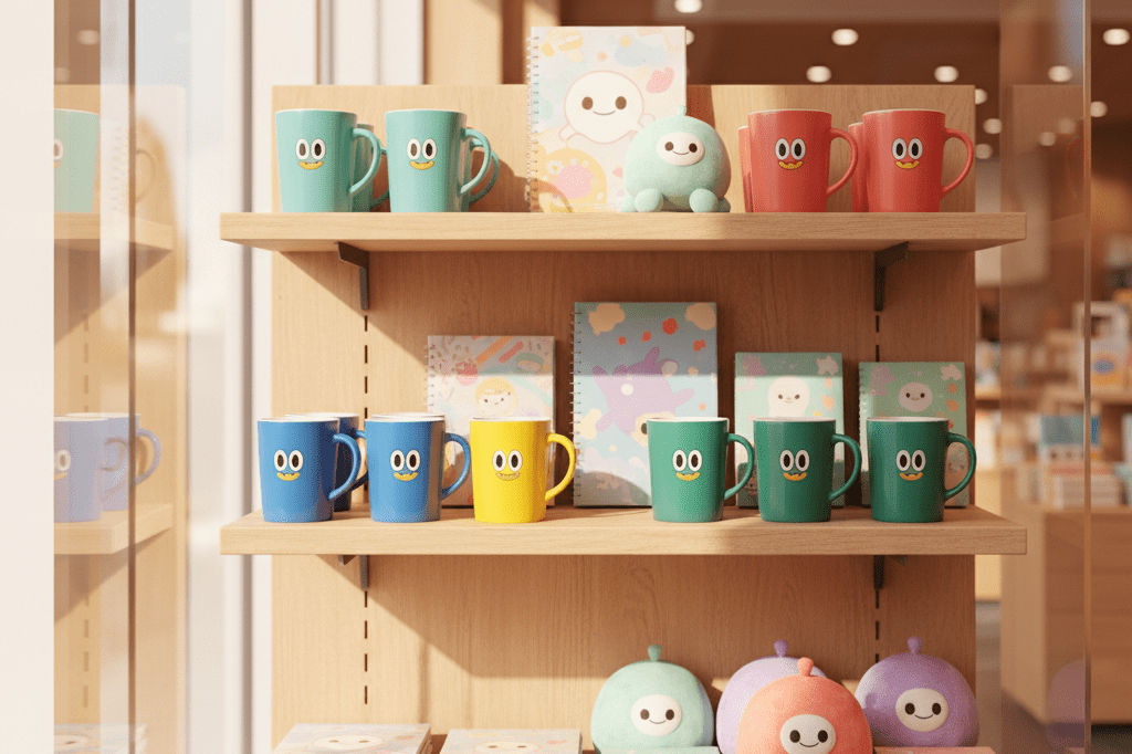 Retail shelf showcasing colorful non-branded character-themed products under natural light