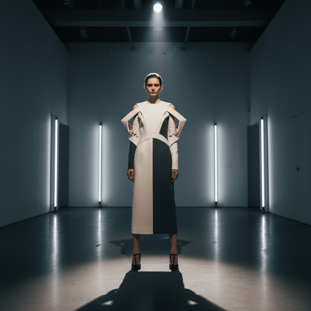 High-fashion cold shoulder dress with sculptural polygon frames in a modern gallery.