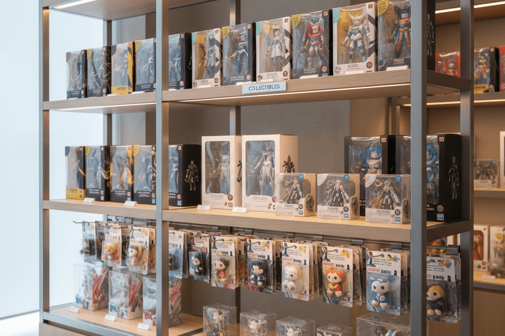 Wide shot of premium anime collectibles displayed neatly under warm lighting in a stylish retail environment