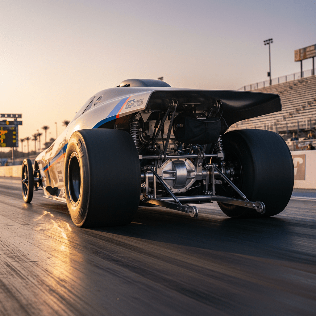 Sleek drag car launching, front wheels lifting, rear tires gripping asphalt.