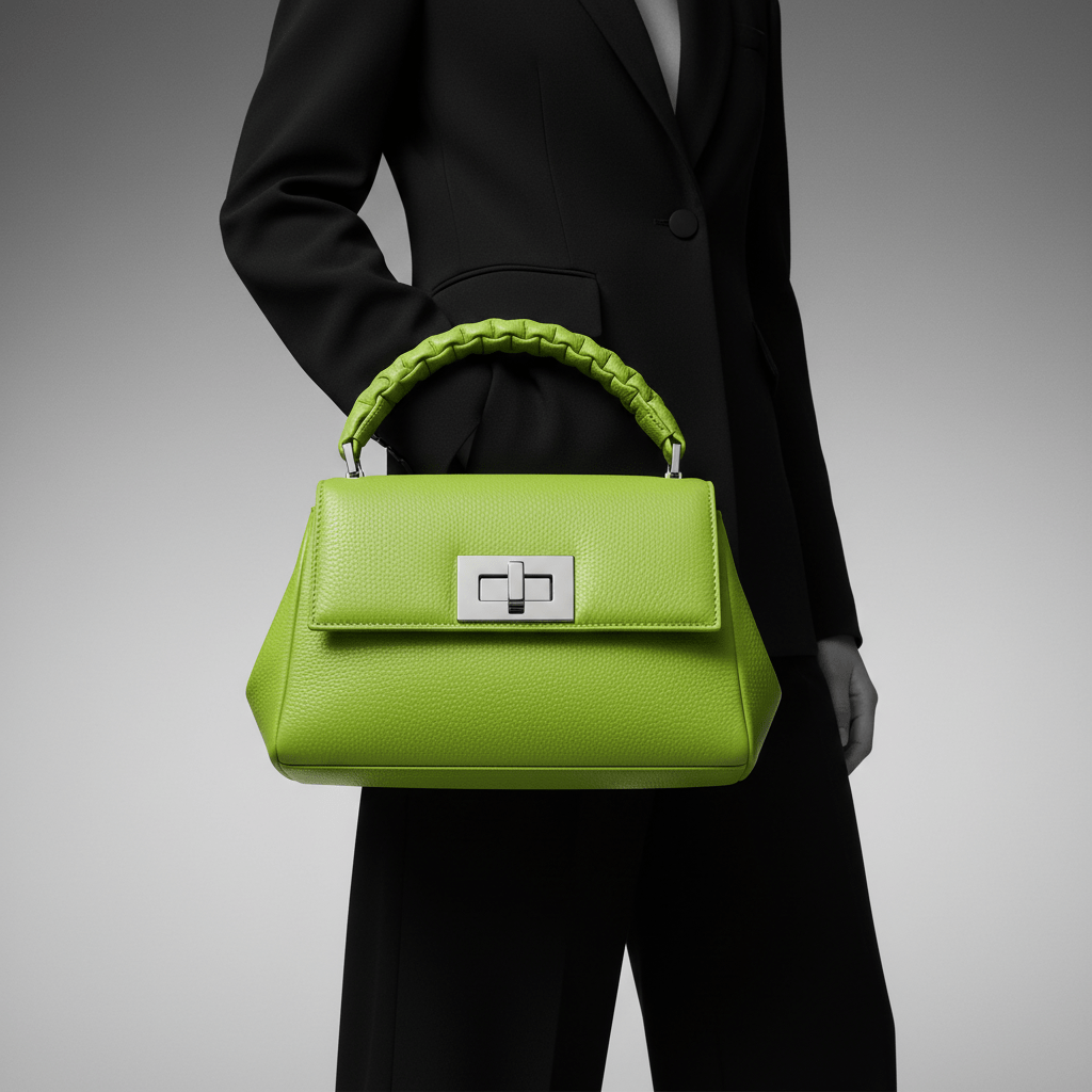 Close-up of an electric green handbag with glossy leather texture and metallic clasp.