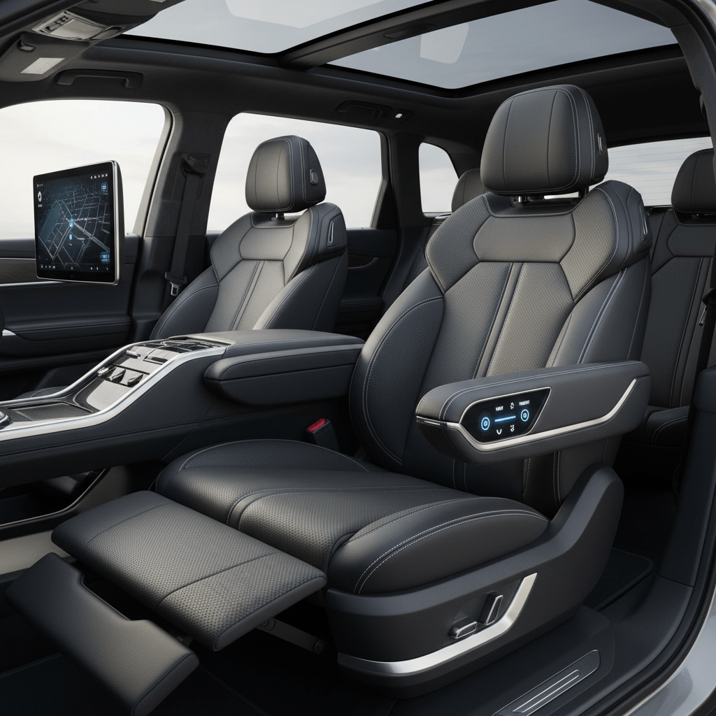 Luxury SUV second-row captain's chair with advanced features. Close-up of luxury SUV captain's chair with perforated leather, ottoman, and screen.