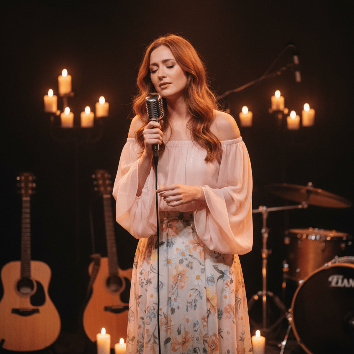 Woman in chiffon top at candlelit acoustic concert Woman performs at candlelit concert in romantic chiffon top and floral skirt.