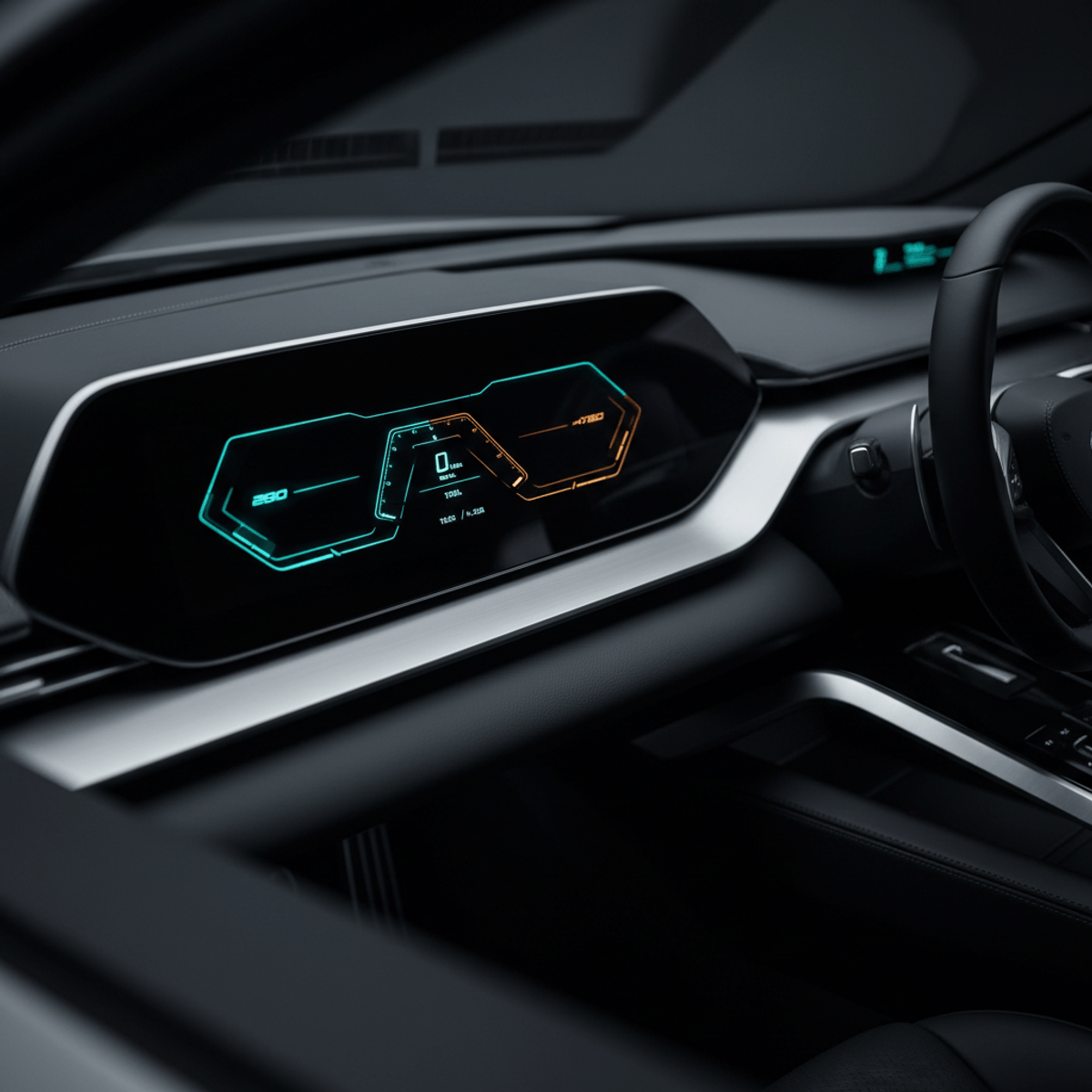 High-end car interior with a hidden ghost gauge cluster glowing cyan and amber.