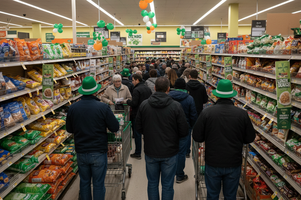Wide shot of busy grocery store aisle with holiday-themed deals driving customer engagement