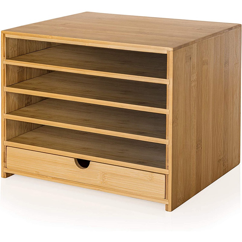 Bamboo 4 Cubby Paper Letter Tray Organizer With Single Pull-Out Drawer For Home And Office