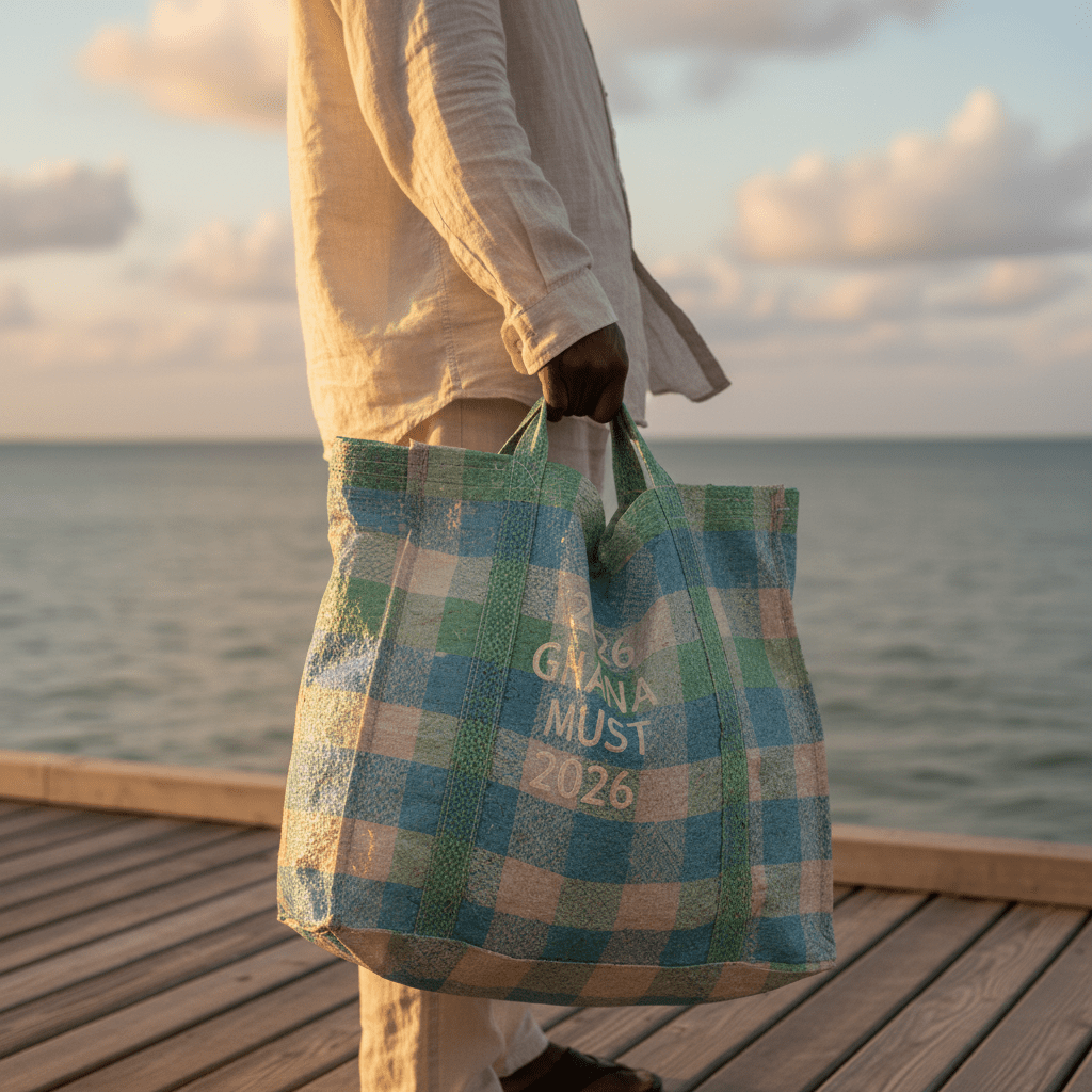 Person holding a sustainable Ghana Must Go bag on a waterfront boardwalk.