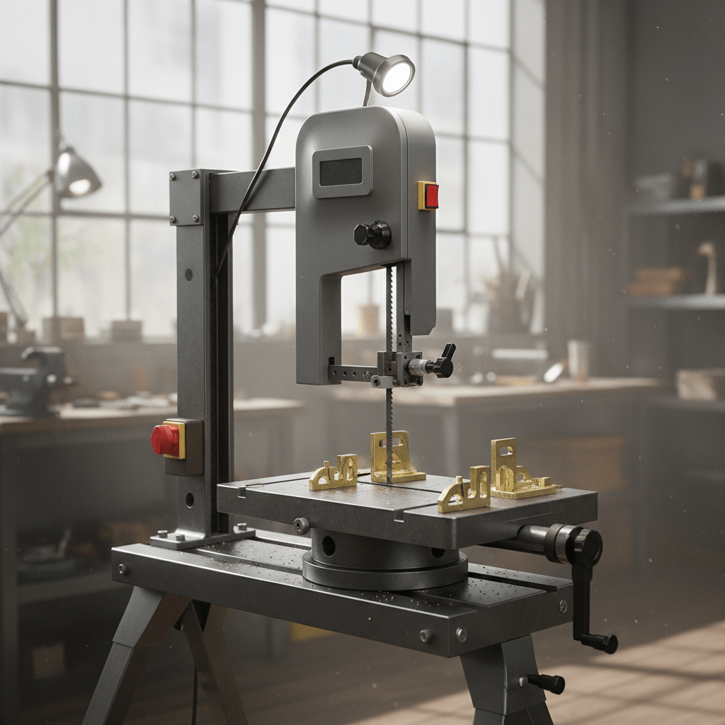 Compact workshop with metal cutting bandsaw station and intricate metal brackets in progress.