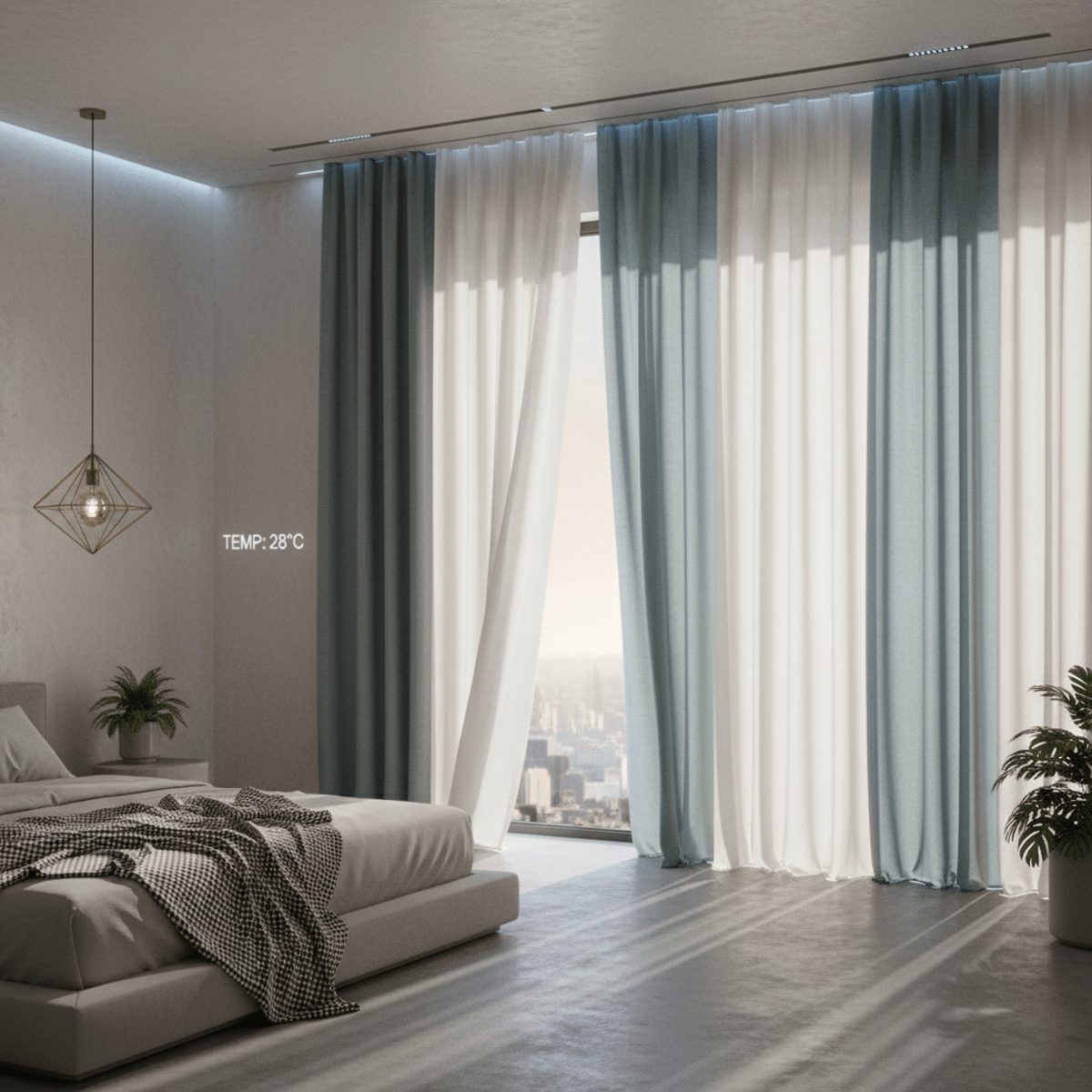 Automatic curtains in a smart bedroom closing against bright midday sunlight.