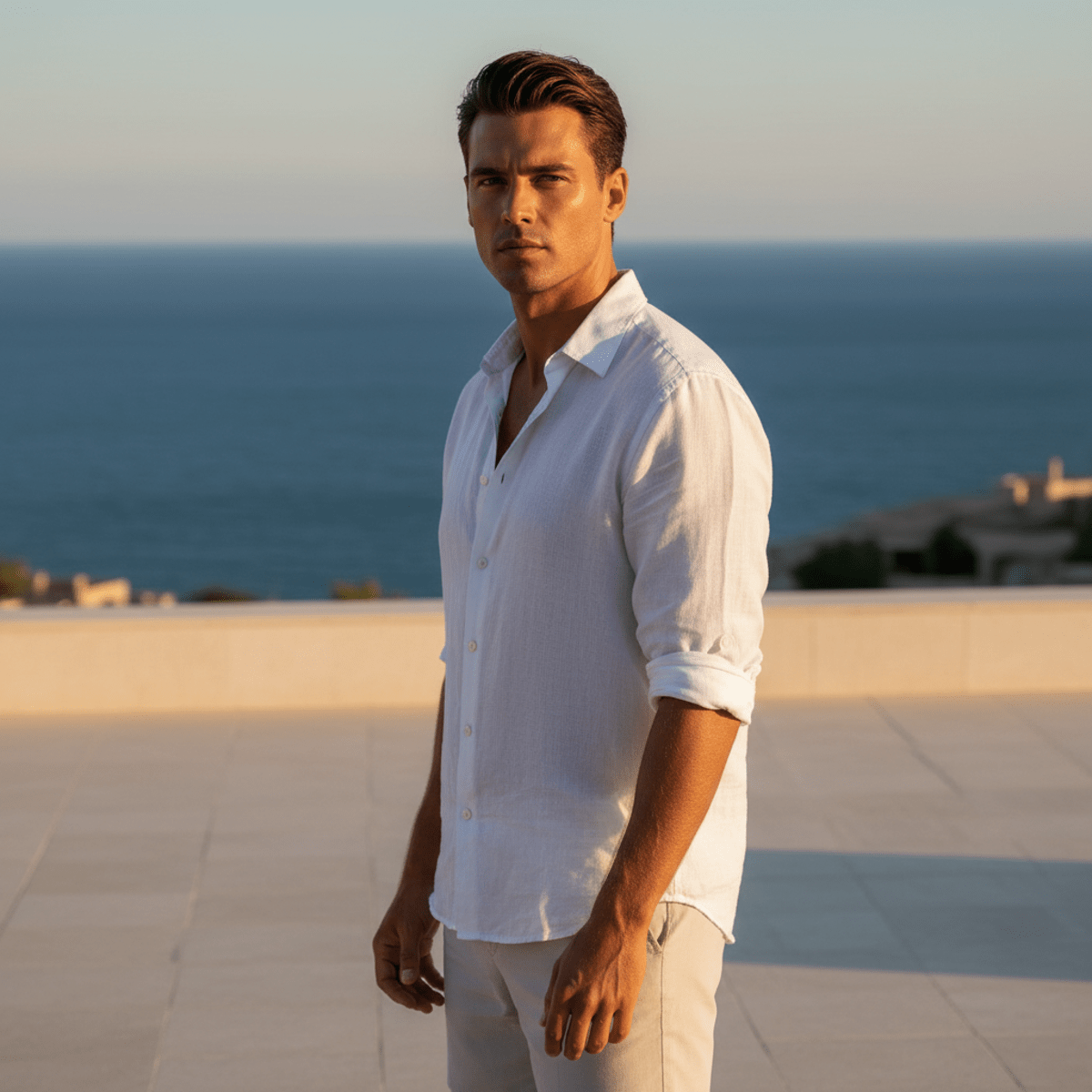 Man with perfectly bronzed skin in linen shirt on terrace overlooking the sea.