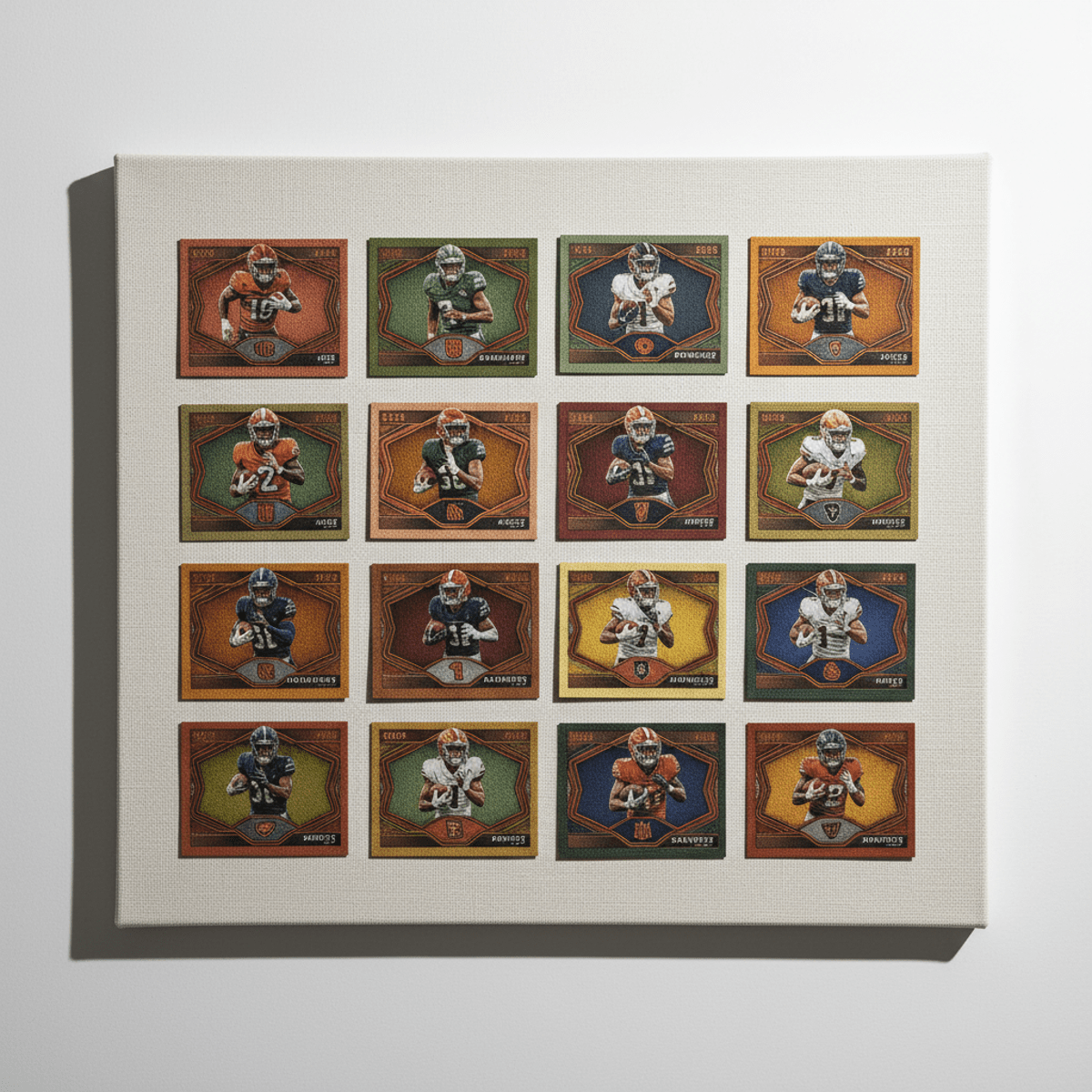 Football cards displayed on a canvas backdrop with metallic details and visible weave patterns.