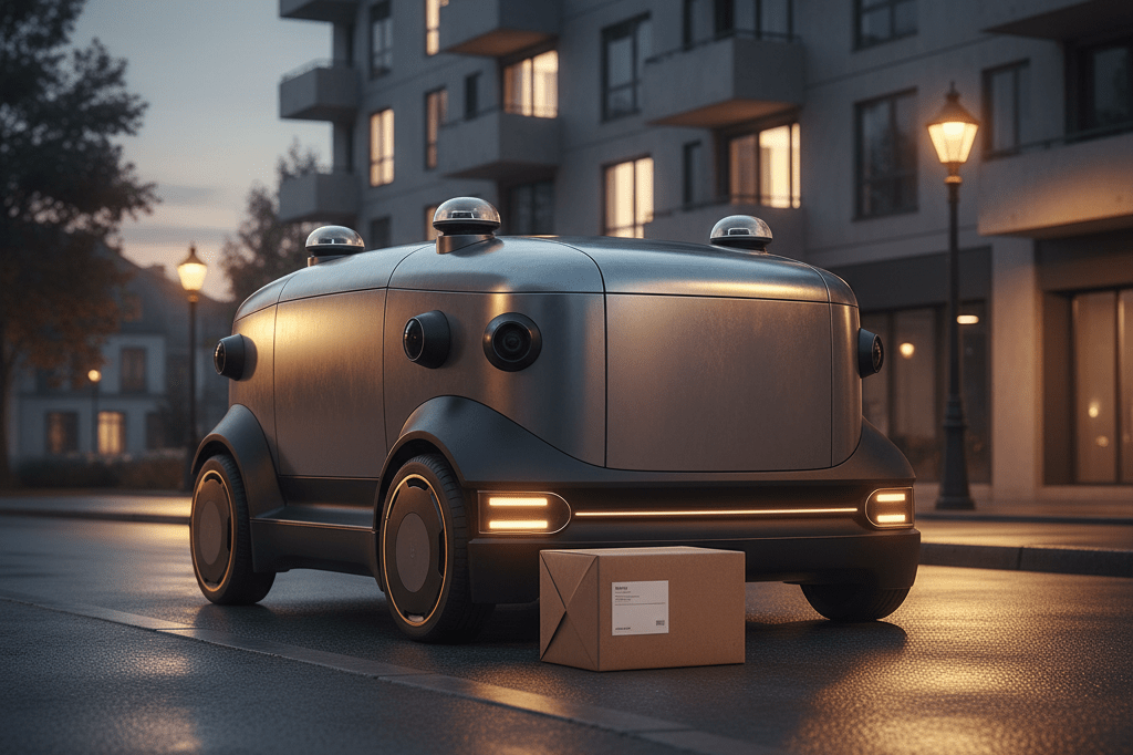 Sleek autonomous delivery vehicle with sensors lit under streetlights, symbolizing logistics innovation