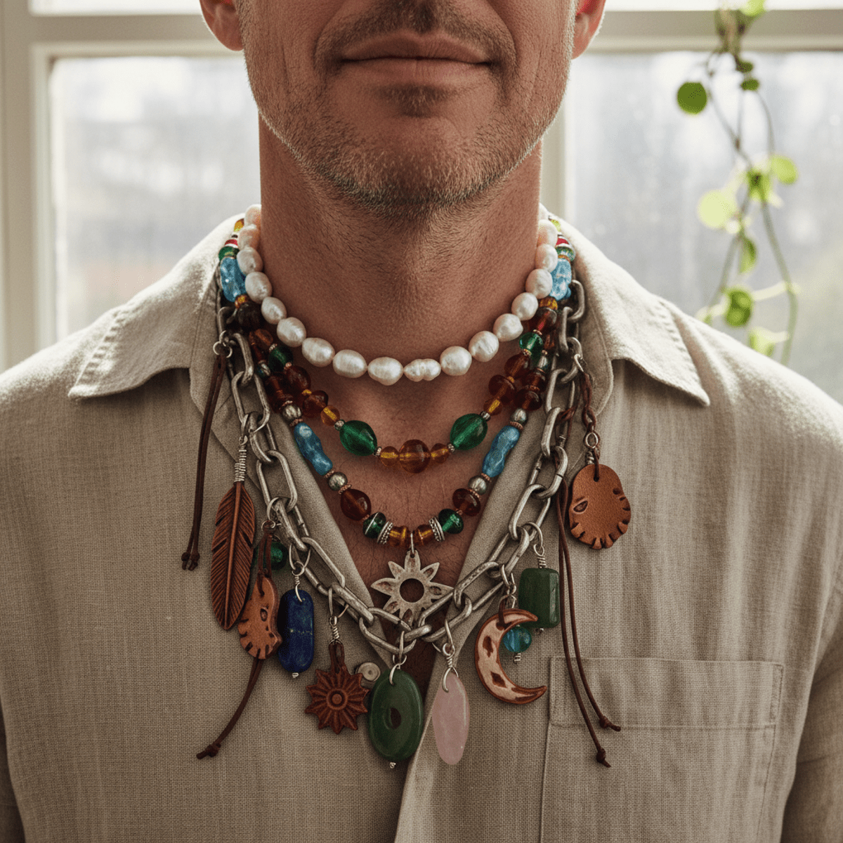 Maximalist layered necklaces with pearls, beads, metal, and leather on linen shirt.