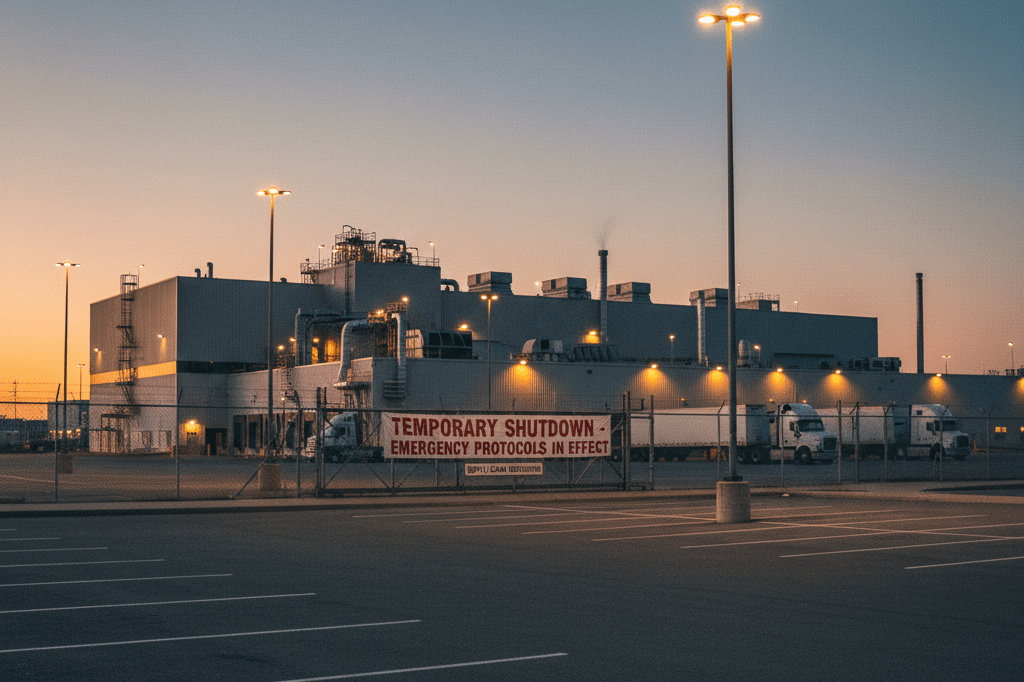 Exterior view of a manufacturing plant at night under warm lighting, symbolizing operational pause due to crisis