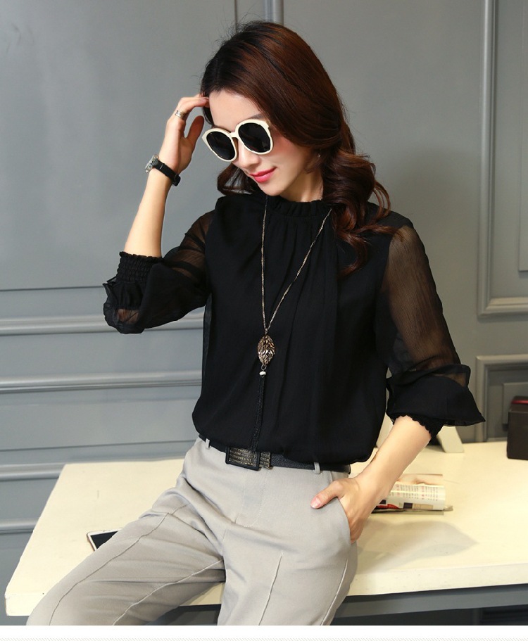 Chiffon Blouse New Women Tops Long Sleeve Stand Neck Work Wear Shirts Elegant Lady Casual Blouses women's Plus size