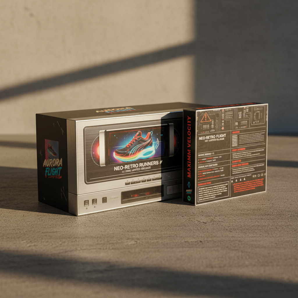 Limited edition sneaker box styled as a retro VCR and VHS tape case.