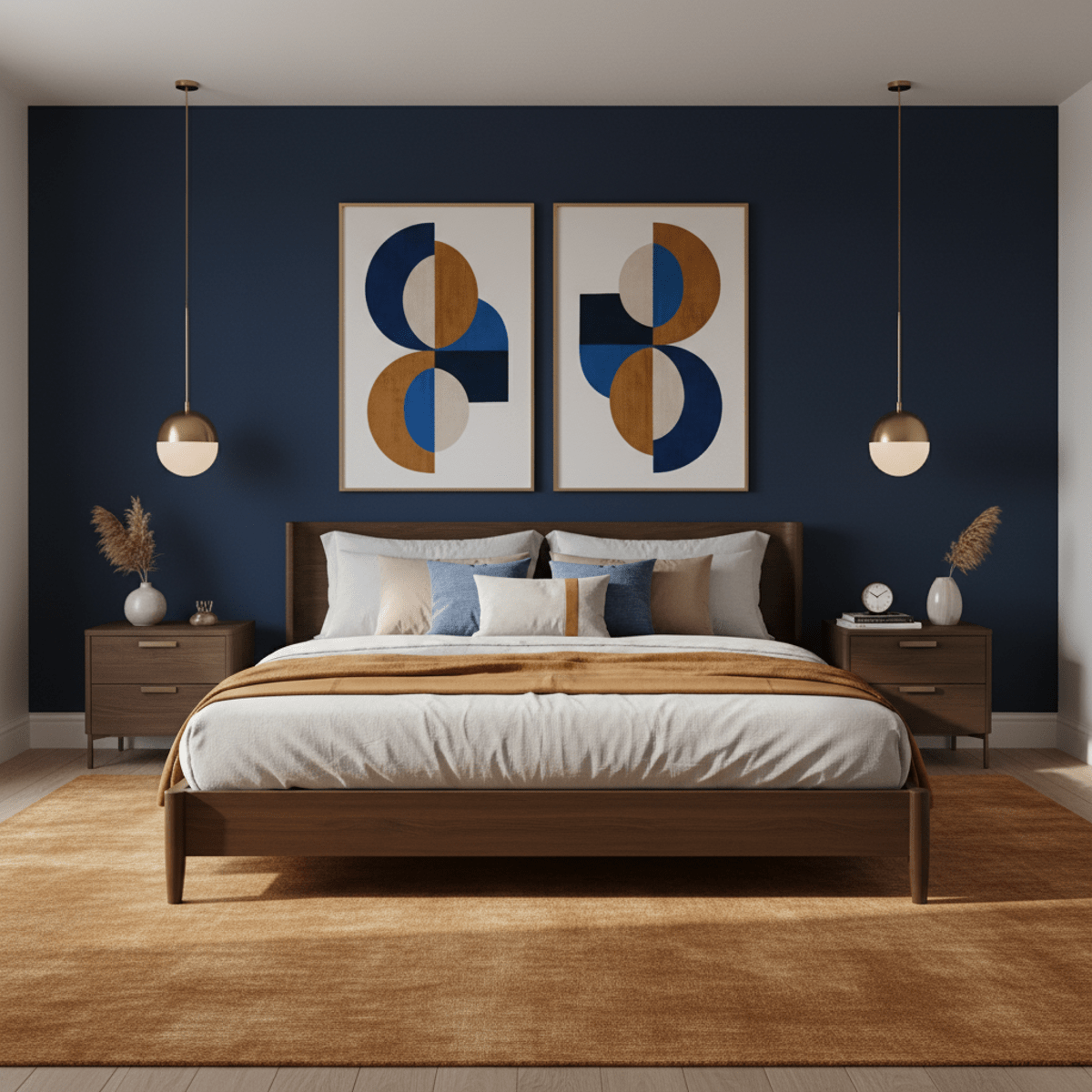 Modern bedroom with inky blue wall, ochre rug, and brass accents.