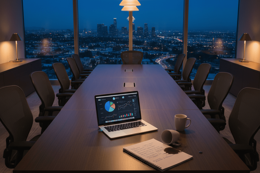 Empty conference table with laptop, notebook, and coffee mug under warm ambient light symbolizing crisis management