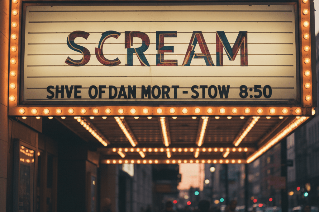Vintage movie theater marquee glowing at dusk, evoking nostalgic horror franchise anticipation Medium shot of a weathered, warmly lit theater marquee with abstract 'SCREAM' lettering, no logos or trademarks, dusk ambiance, shallow depth of field