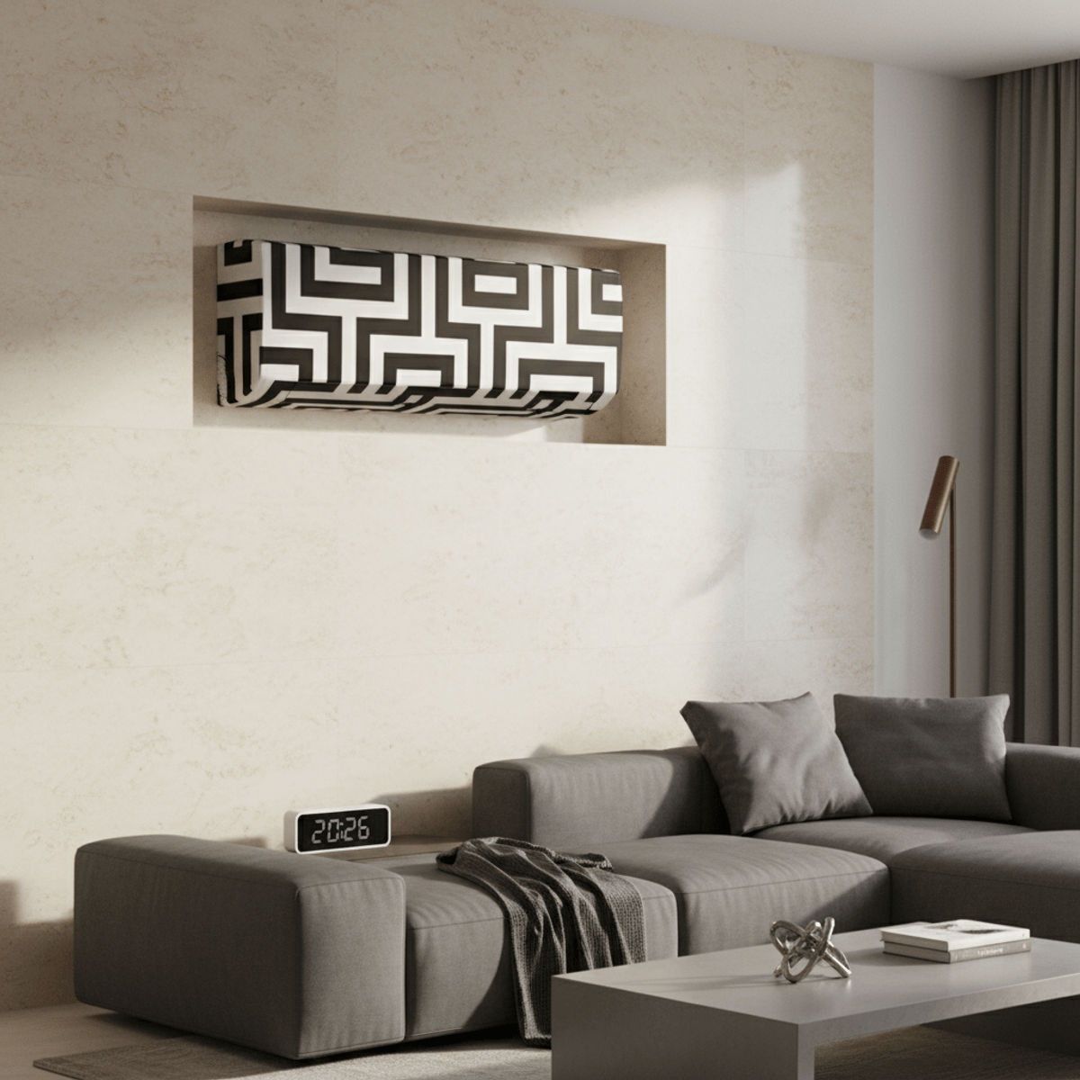 Stylish AC unit with geometric vinyl on travertine wall. Window AC unit with bold geometric vinyl on smooth travertine wall.