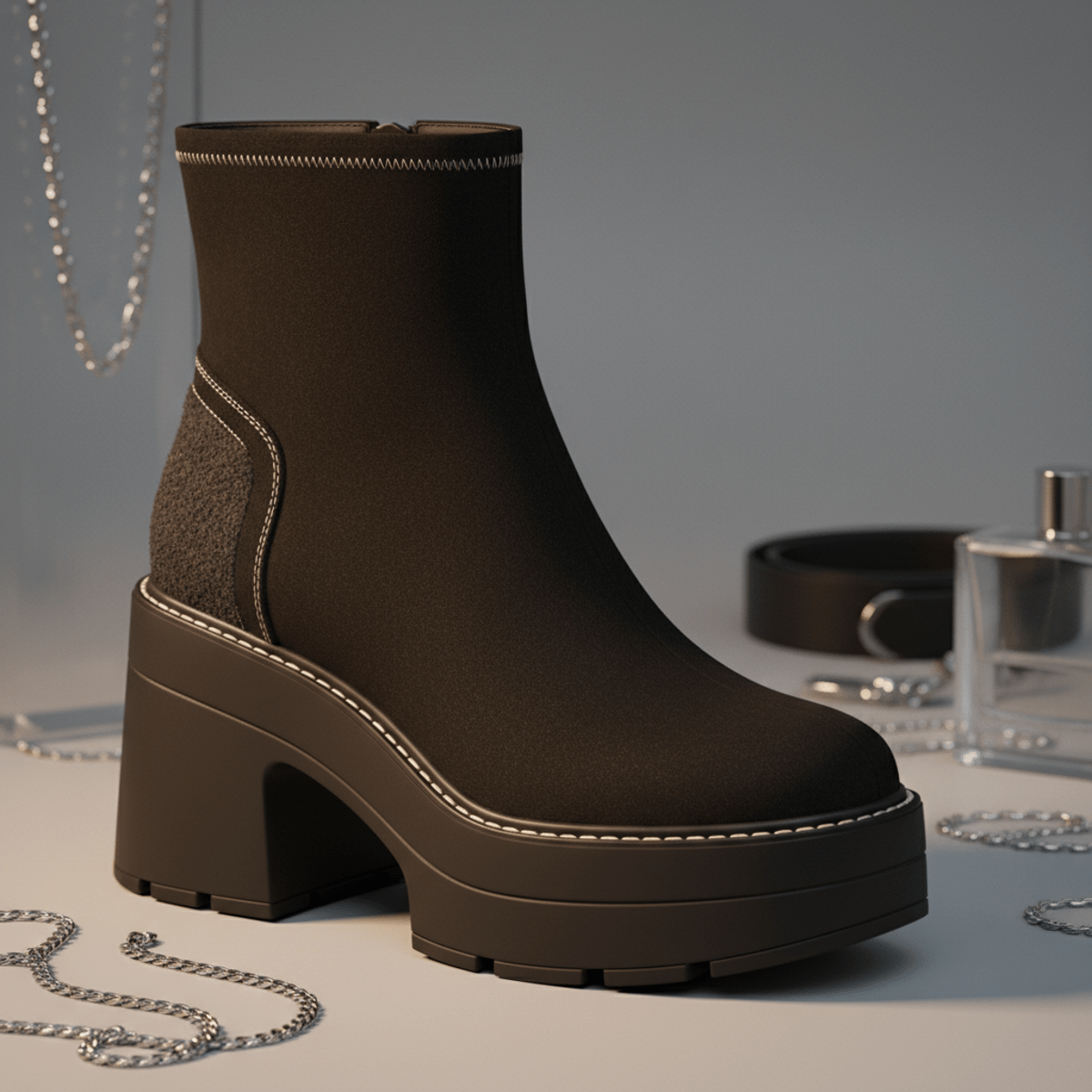 Chunky 90s inspired ankle boots with platform soles and suede uppers.