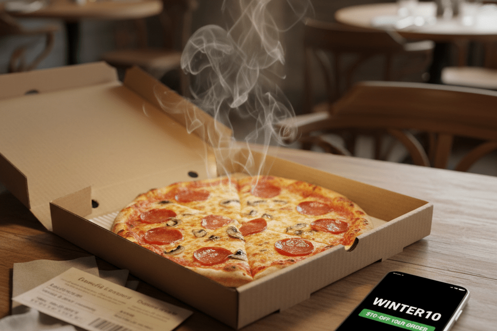 Digital pizza promo code on table beside physical coupon and fresh pizza delivery Medium shot of pizza box, smartphone showing promo code, and paper coupon on wooden table under natural lighting